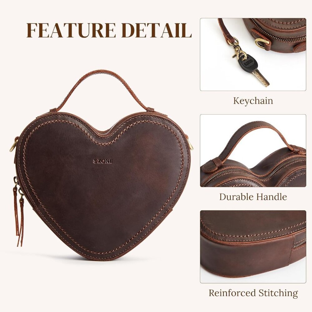 Leather Crossbody Bag Women Heart Shaped Purse Small Handbag Adjustable Strap - Picture 5 of 7